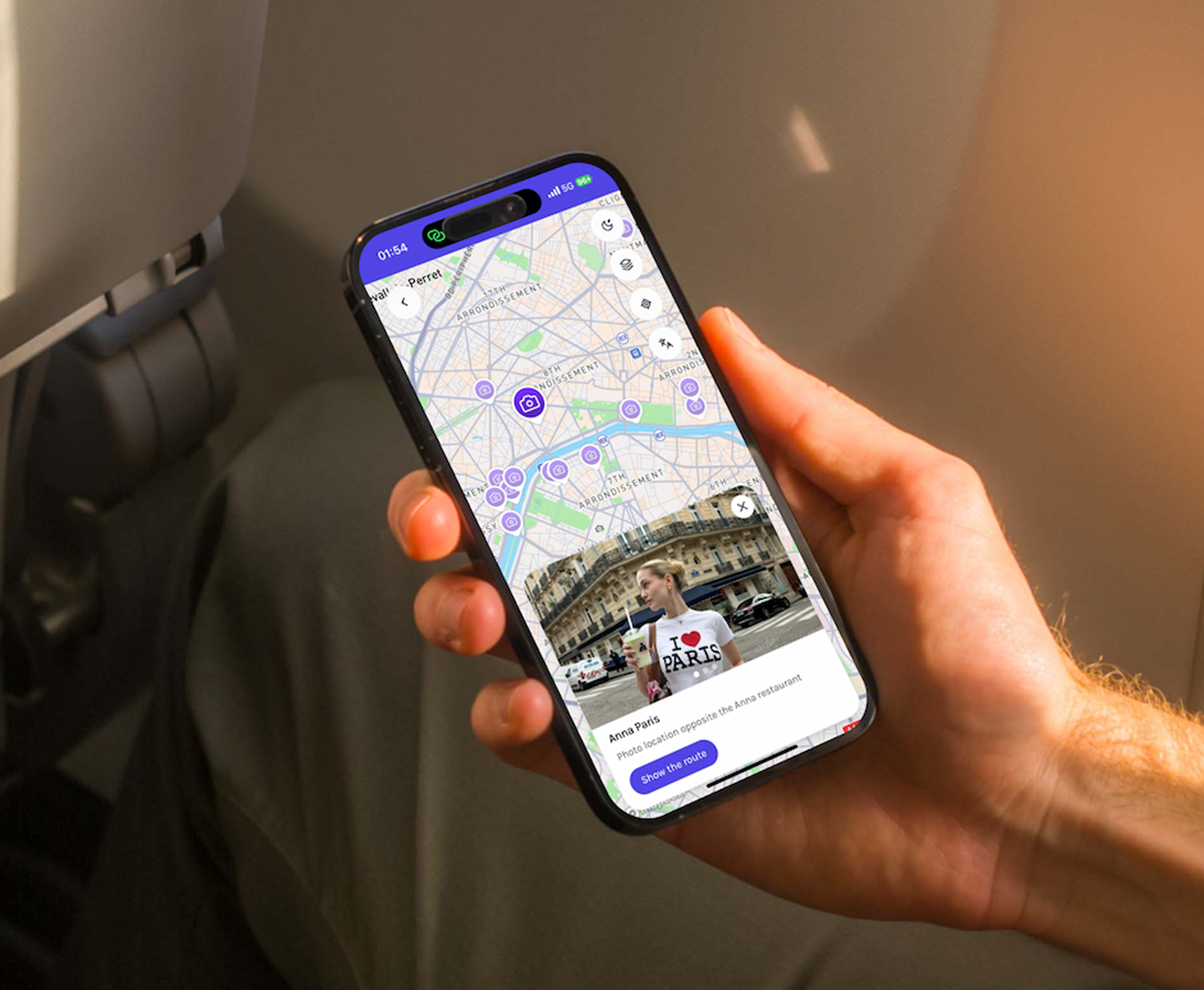 iPhone mockup with triptipp app on multicolored background